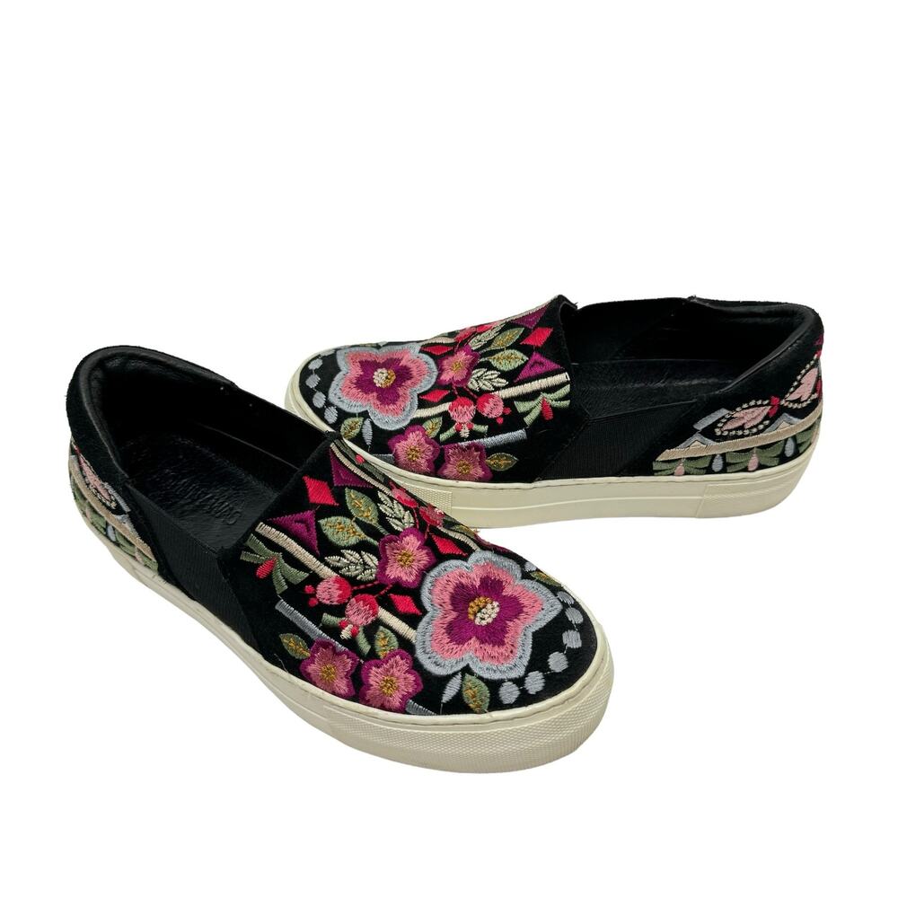 Johnny Was Black Suede Pink Floral Embroidered Slip On Sneakers